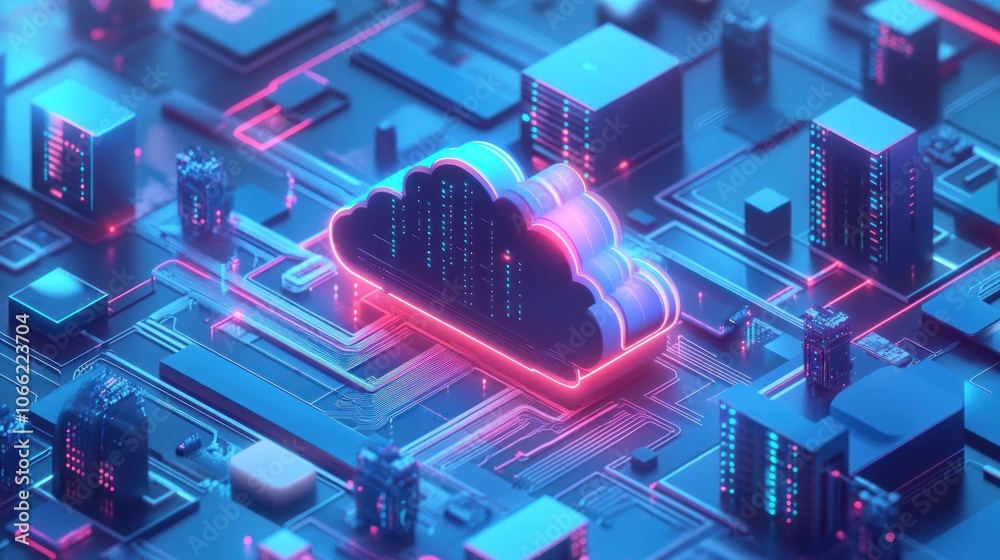Poster Neon Cloud Computing Network with Servers and Circuitry