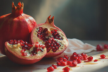 Pomegranate is cut into pieces and placed on the table