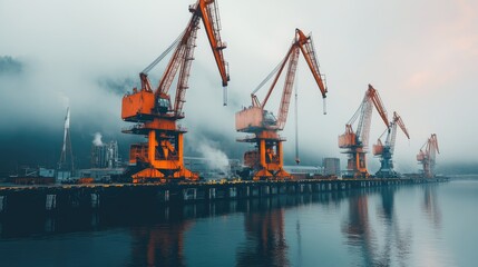 Obraz premium Industrial Cranes by the Water at Foggy Dawn