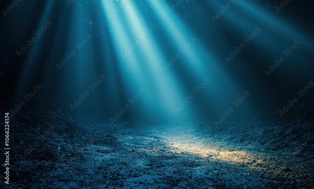 Poster a pathway through a dark and foggy forest illuminated by sunbeams