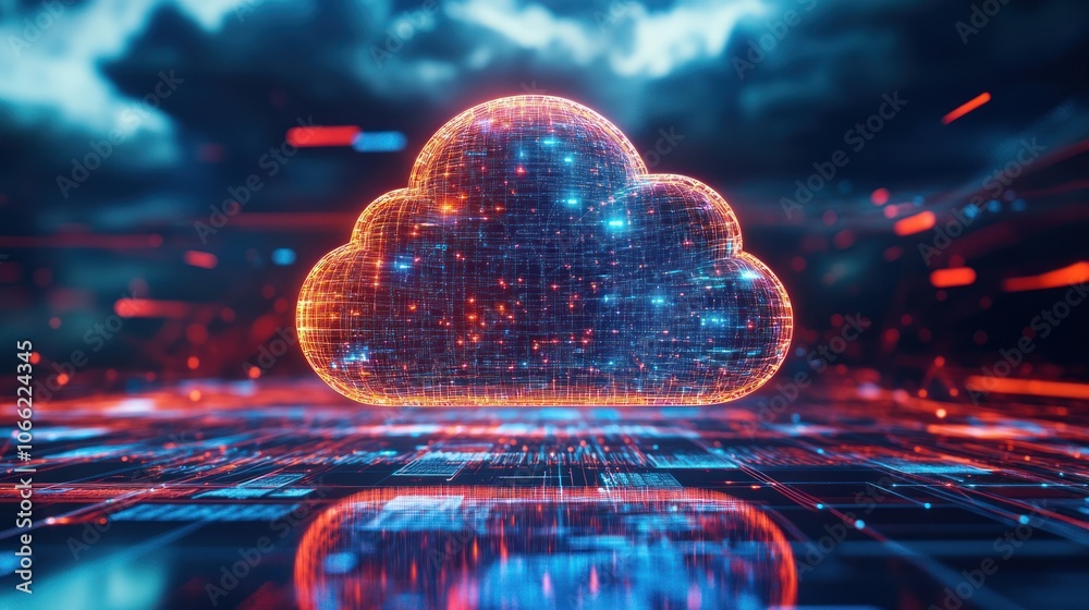 Poster A glowing cloud symbol over a digital network, symbolizing cloud computing.