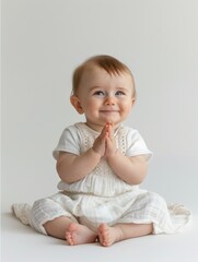 Fototapeta premium A smiling baby joyfully claps hands while sitting on a soft surface