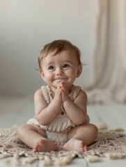 Cute baby sits cheerfully with smiling face and playful expression