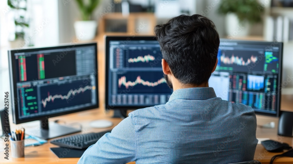 Poster Man Analyzing Stock Market Data on Multiple Monitors