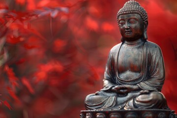 Fototapeta premium Bronze Zen Buddha Statue Meditating with Blurred Textured Red Background