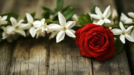 63.A close-up of a delicate jasmine garland placed on an aged wooden surface. The soft white jasmine flowers are intricately woven with a vibrant red rose at the center, symbolizing purity and