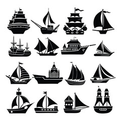 a silhouette black filled large icons set of ship