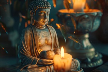 Fototapeta premium Buddha statue and candle light. Buddha statue Buddha statue