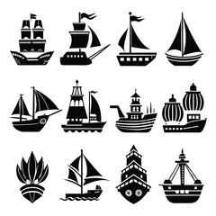 a silhouette black filled large icons set of ship