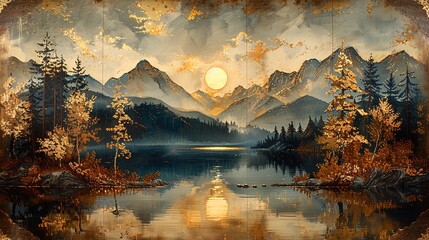 A serene landscape featuring mountains, a lake, and autumn foliage under a glowing sun.