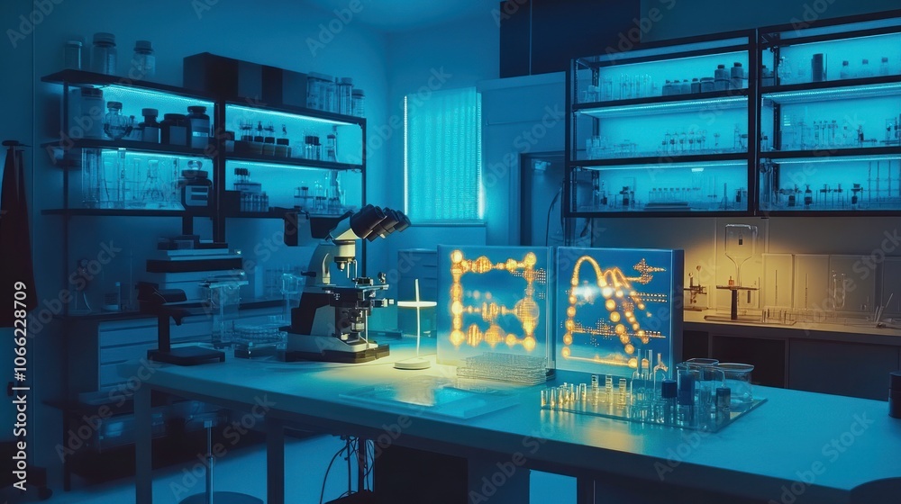 Poster a modern scientific laboratory with a microscope and glassware