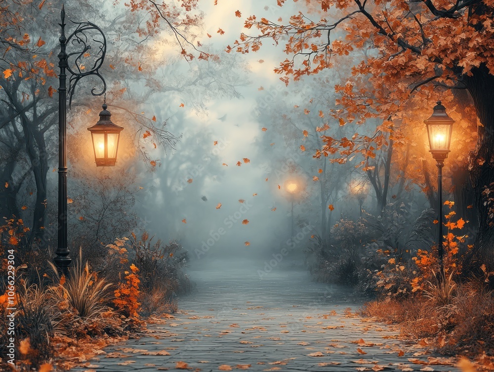 Poster illuminated path through autumnal forest with streetlights