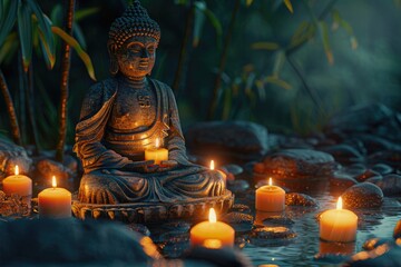 Fototapeta premium Buddha Statue With Candles In Natural Background
