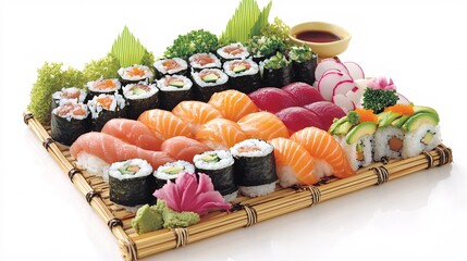 108.A visually striking sushi set with a variety of rolls, featuring avocado, salmon, and tuna, arranged on a decorative bamboo mat. The colorful sushi pieces are complemented by garnishes of radish,
