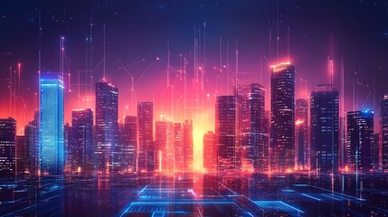 Obraz premium Futuristic Cityscape Illuminated by Neon Lights and Digital Lines