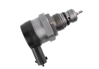 New rail fuel pressure sensor on white background close up