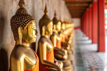 Fototapeta premium Golden Buddha statues in row at Wat Pho temple Thailand.
