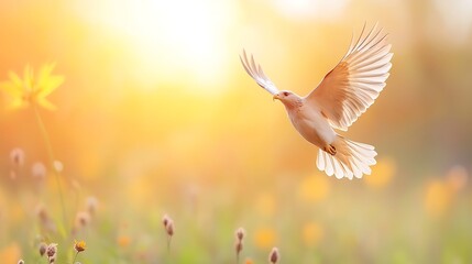 Obraz premium A white dove soars gracefully through a sunlit meadow surrounded by colorful wildflowers