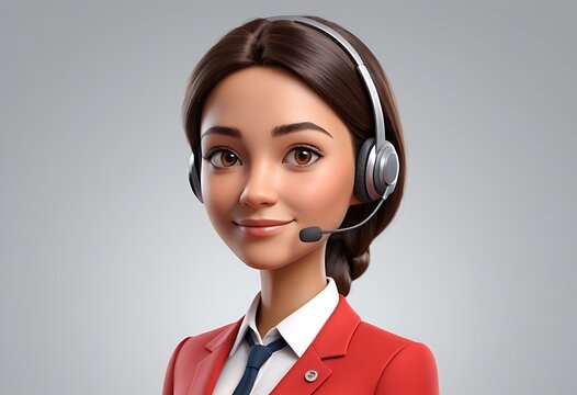 Smiling women animated customer service in red suit representative ready to assist.