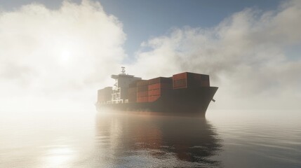 Obraz premium Cargo Ship in Foggy Waters at Sunrise