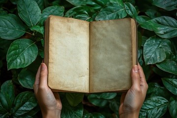 Open Vintage Book Held by Hands Against a Lush Green Foliage Background