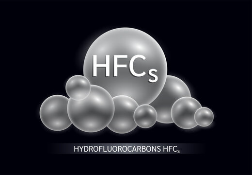 Hydrofluorocarbons HFCs in cloud grey on black background. Air pollution emissions with manufacturing industry, cooling system causes of greenhouse gases. Scientific ecology biochemistry. Vector.