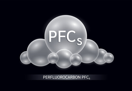 Perfluorocarbon PFCs in cloud grey on black background. Air pollution emissions with manufacturing industry, cooling system causes of greenhouse gases. Ecology biochemistry scientific concept. Vector.