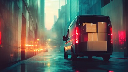 Delivery Van in Urban Environment at Dusk