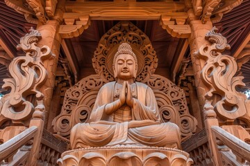 Fototapeta premium Wooden Buddha statue at Van Hanh Zen Monastery Dalat.
