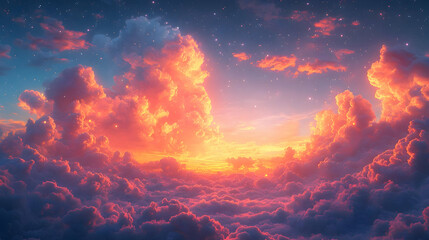 Fototapeta premium Breathtaking sunset clouds illuminating the sky, creating a stunning and colorful horizon over serene nature.