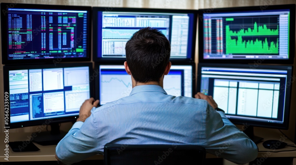 Poster A man analyzes data on multiple computer screens