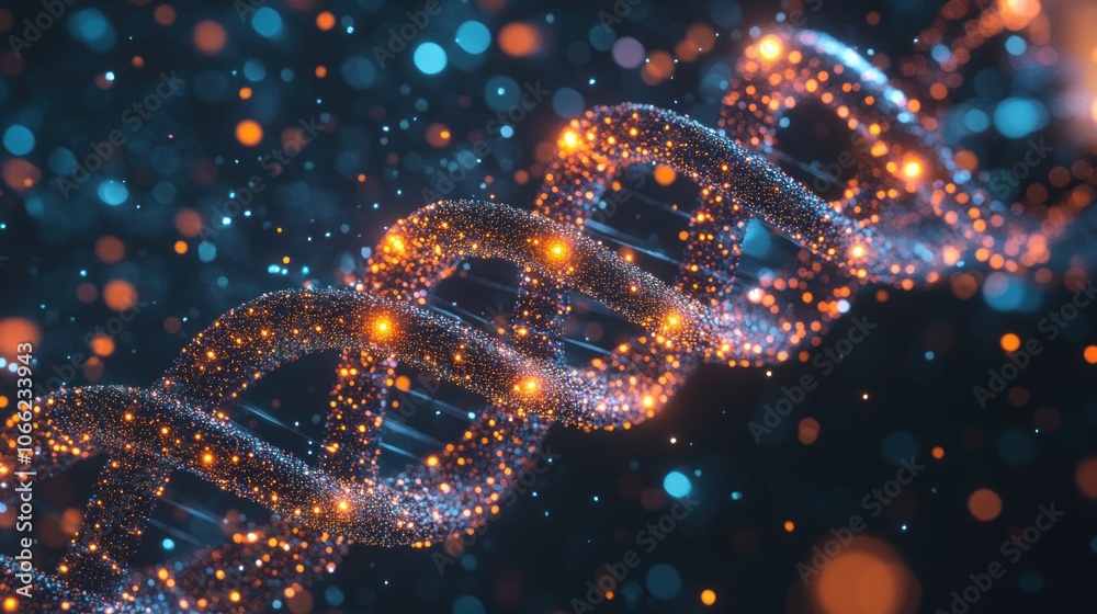 Poster A Double Helix of Sparkling Particles Against a Dark Background