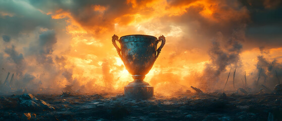 A majestic trophy against a dramatic sunset, symbolizing victory and achievement in sports.