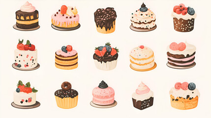 Set of 18 assorted colorful cartoon cupcakes and cakes.