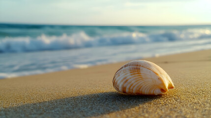 Obraz premium Single seashell on a sandy beach with ocean waves in the background.