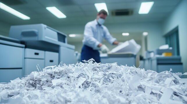 Pile of shredded paper in the foreground. Masked and gloved worker in the background operating a paper shredder. Concept of document disposal, data privacy, or secure information handling