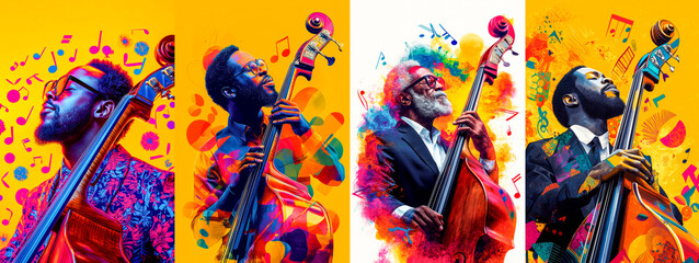 Jazz Bass Player Collage: A vibrant and colorful collage of a jazz bass player, showcasing his passion for music and his artistry in a dynamic and energetic pose.