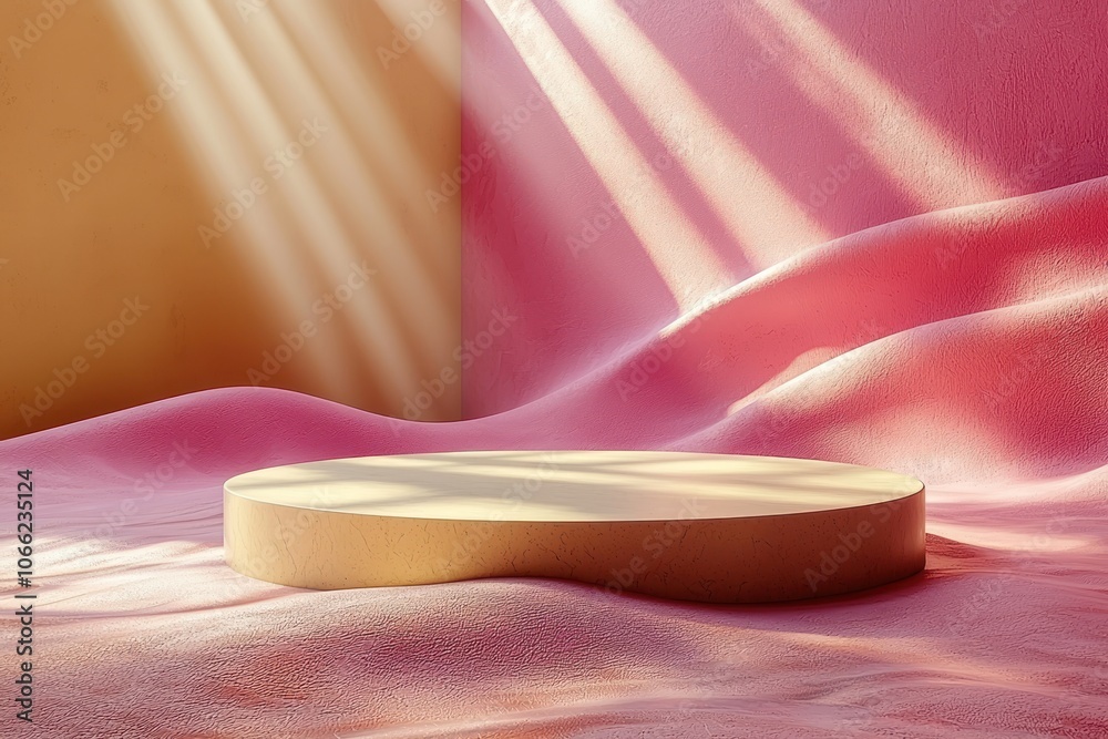 Poster abstract minimalist scene with golden platform and wavy pink surface