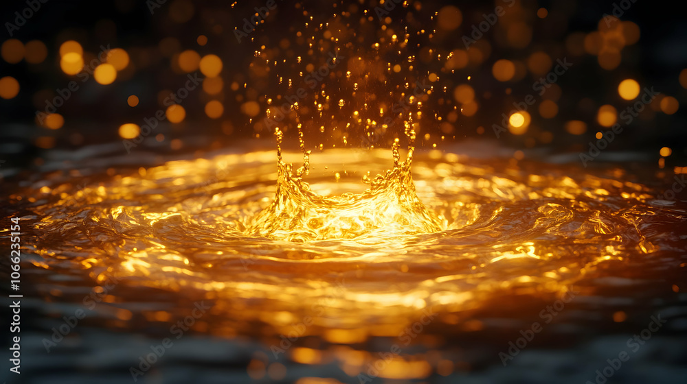 Wall mural dynamic splash creating ripples in golden water, highlighted by shimmering light particles.