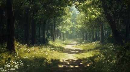 Obraz premium Peaceful forest path lined with trees, a tranquil walk surrounded by natures beauty.