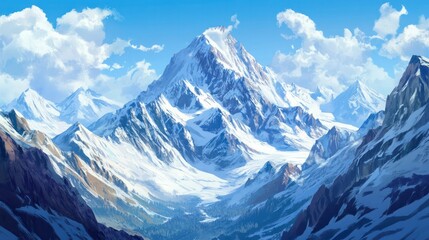 Obraz premium Snow-capped mountains in nature, a serene winter landscape under a blue sky.