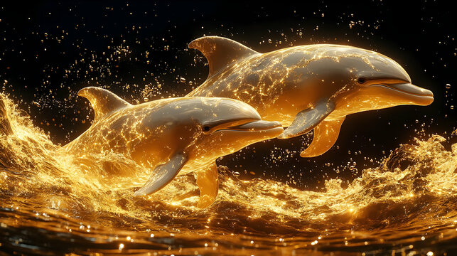 Two playful dolphins swim gracefully through shimmering golden water.