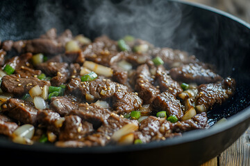 Sizzling Korean bulgogi beef cooking in cast iron skillet, richly marinated and flavorful