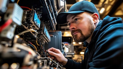 A Man Working on a Complex Electronic System with Wires