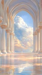 Fototapeta premium Futuristic Architecture White Marble Columns Man Standing in Corridor Sky View Digital