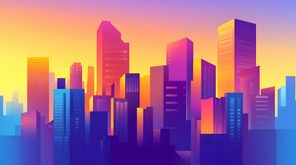 Obraz premium A colorful cityscape silhouette at sunrise with a gradient of orange, yellow, blue, and purple hues.