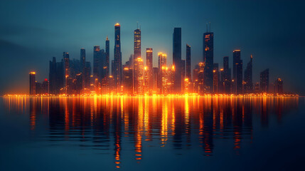 Fototapeta premium A stunning city skyline illuminated at night, reflecting beautifully on calm waters.