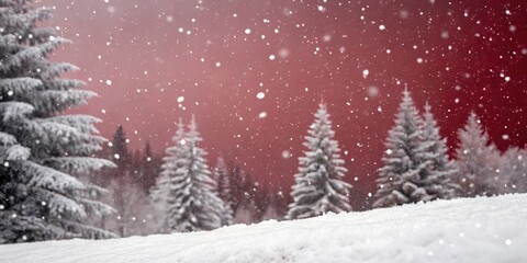 Tiny snowflakes dance on a deep red gradient background set against a backdrop of snow-covered evergreen trees, winter, christmas, landscape, colorful