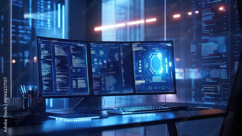 Poster modern workstation with triple monitors displaying data and code