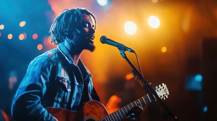 Obraz premium Black male musician performing passionately on stage. Guitar in hand and a microphone in front of him